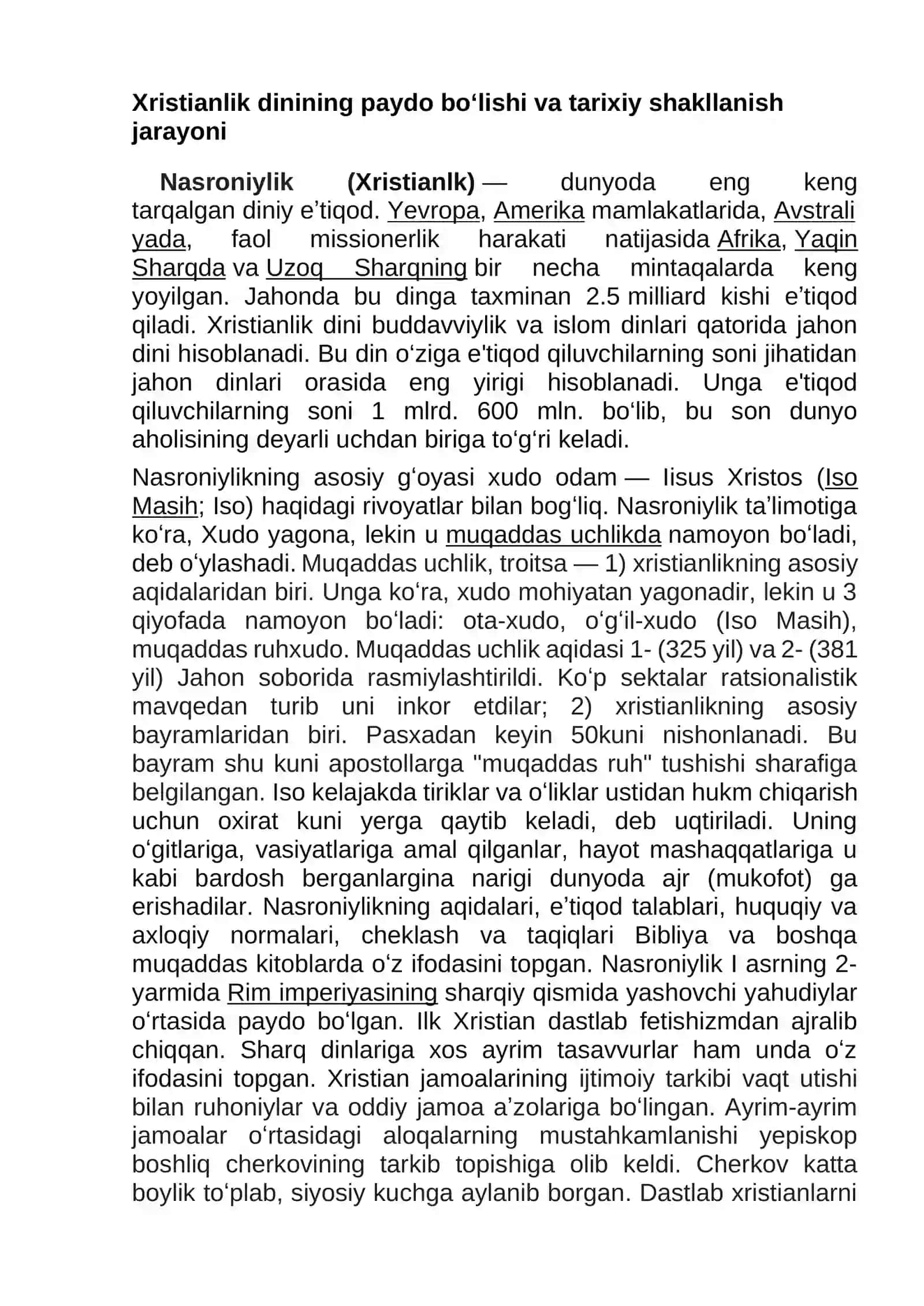 Xristianlik dinining paydo bo’lishi,aqidalari,asosiy yo’nalishlari,ta’limoti va manbalari 2