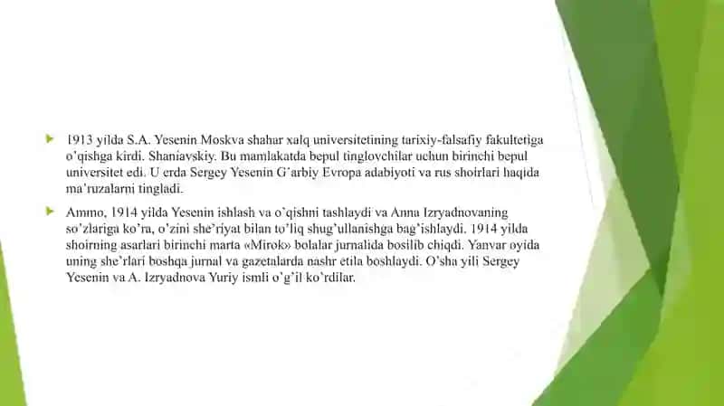 Lirik sheʼrlar tahlili (Sergey Yesenin sheʼrlari asosida) 2