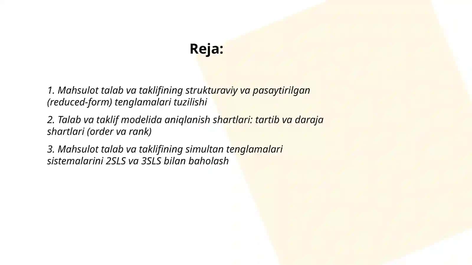 Mahsulotga bo'lgan talab va taklifning ekonometrik modellarini tuzish 2