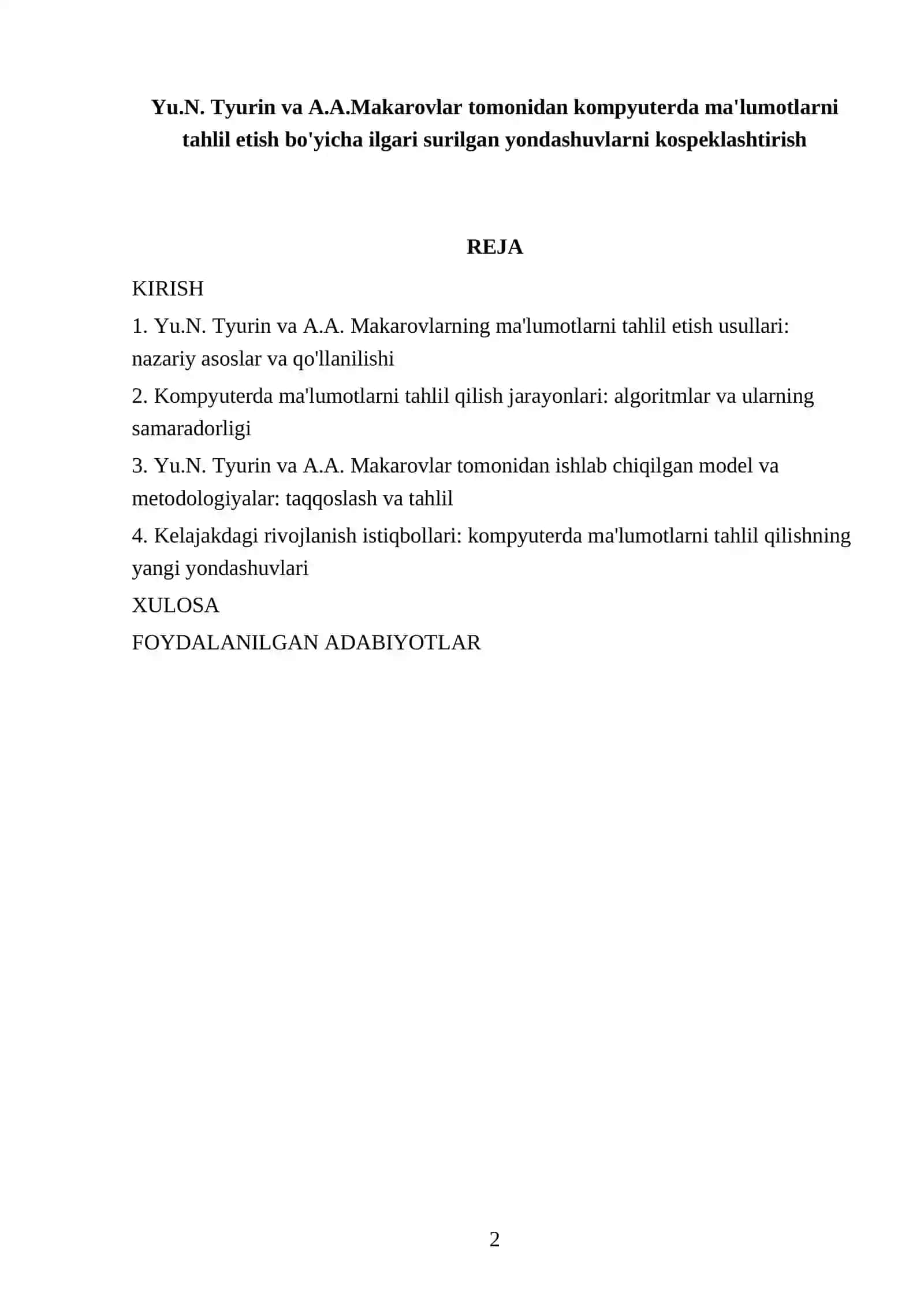Yu.N. Tyurin va A.A.Makarovlar tomonidan kompyuterda ma'lumotlarni tahlil etish bo'yicha ilgari surilgan yondashuvlarni kospeklashtirish 2