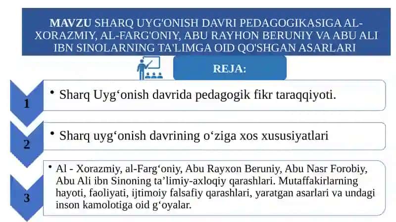 SHARQ UYG'ONISH DAVRI PEDAGOGIKASIGA AL-XORAZMIY, AL-FARG'ONIY, ABU RAYHON BERUNIY VA ABU ALI IBN SINOLARNING TA'LIMGA OID QO'SHGAN ASARLARI 2