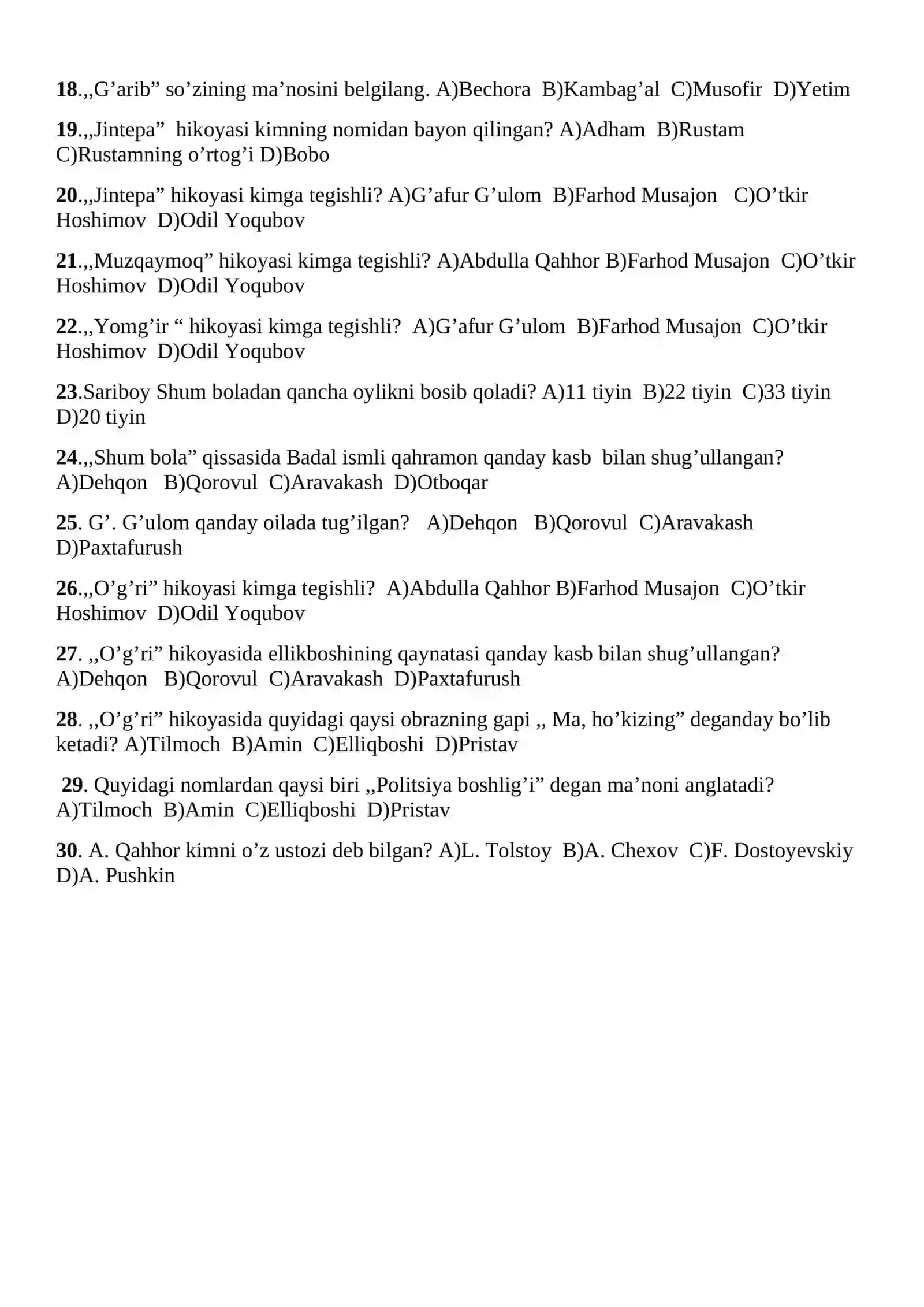 6-sinf ona tili va adabiyot II chorak test 2