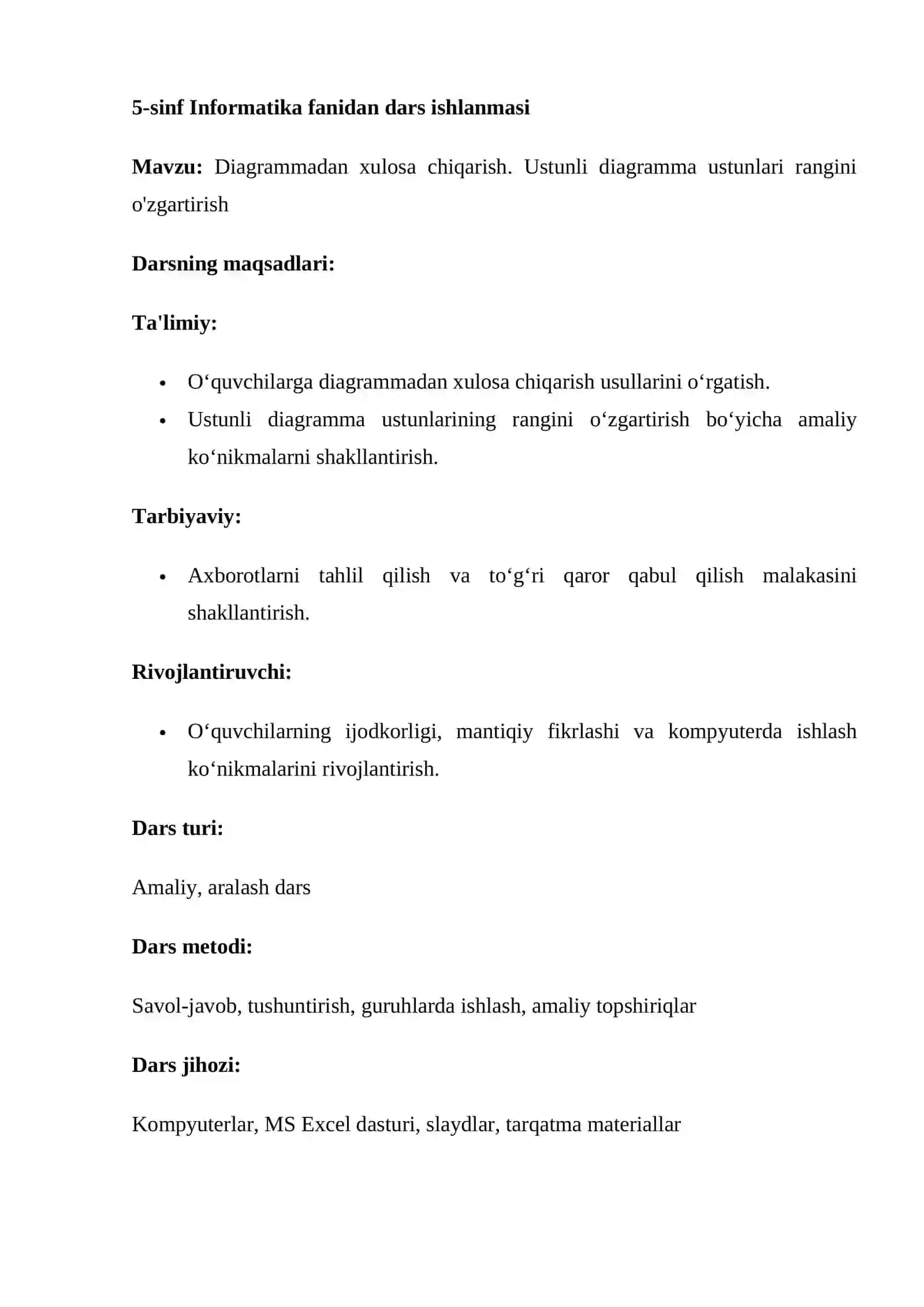 Diagrammadan xulosa chiqarish. Ustunli diagramma ustunlari rangini o'zgartirish 2