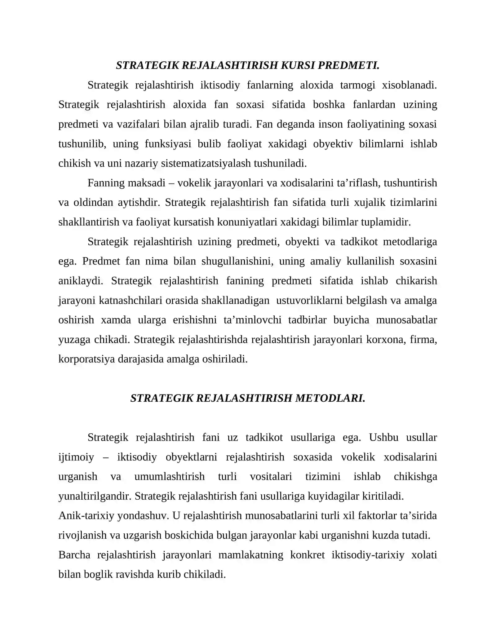 Strategik rejalashtirish kursi predmeti 2