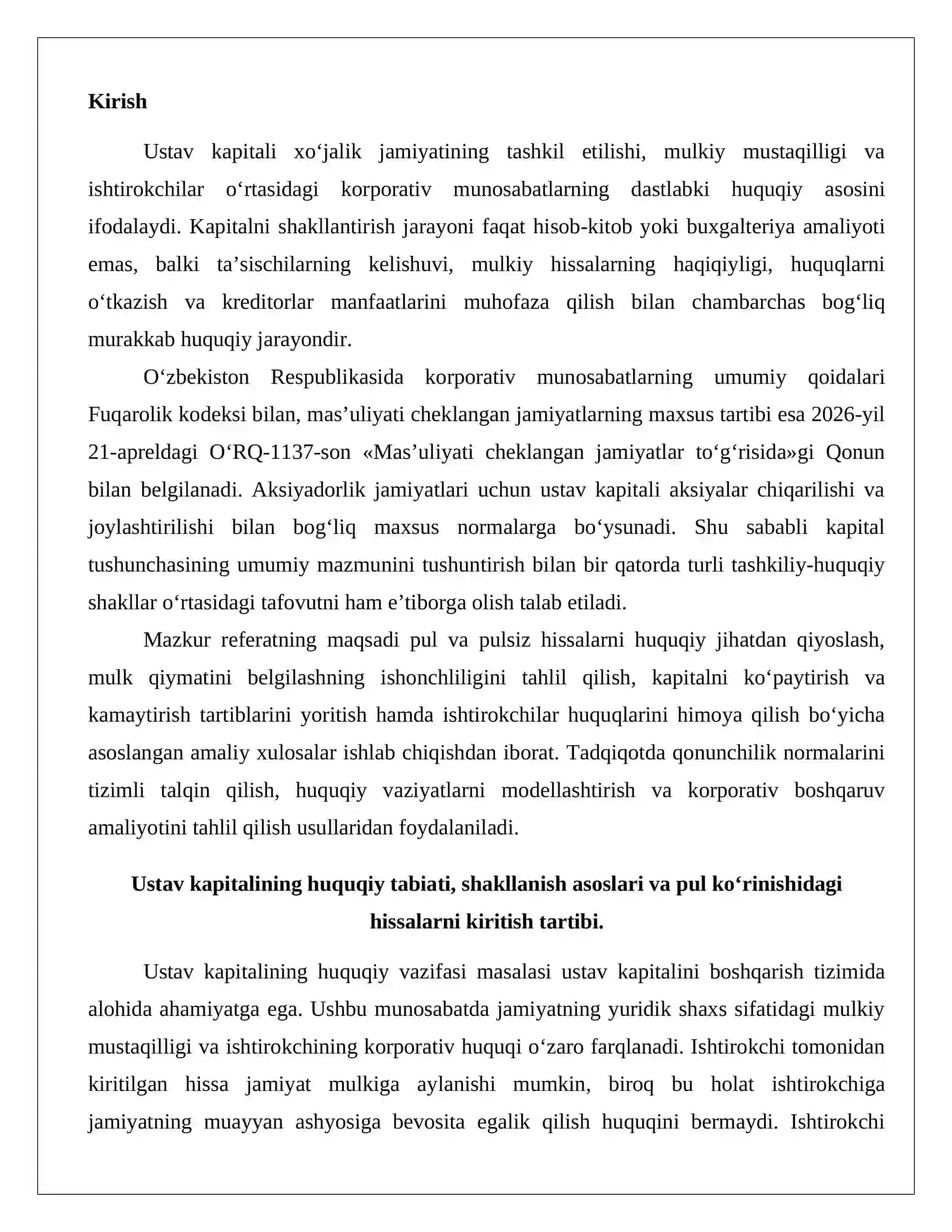 Ustav kapitalini shakllantirish va o‘zgartirish: Pul va mol-mulk ko‘rinishidagi hissalar, ulushlarni baholash va ishtirokchilar huquqlari 2