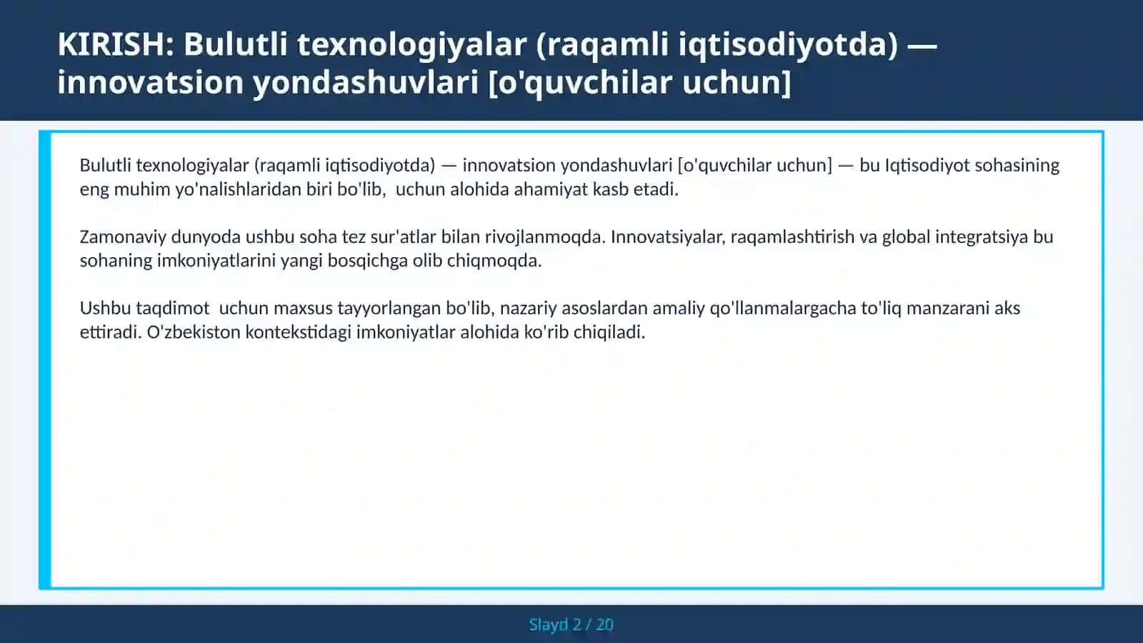 Bulutli texnologiyalar (raqamli iqtisodiyotda) — innovatsion yondashuvlari [o'quvchilar uchun] 2