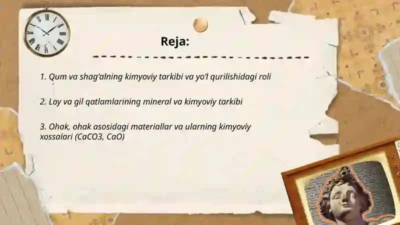 Yoʻl qurilishida ishlatiladigan tabiiy va sunʼiy materiallarning turlari va ularning kimyoviy tarkibi 2