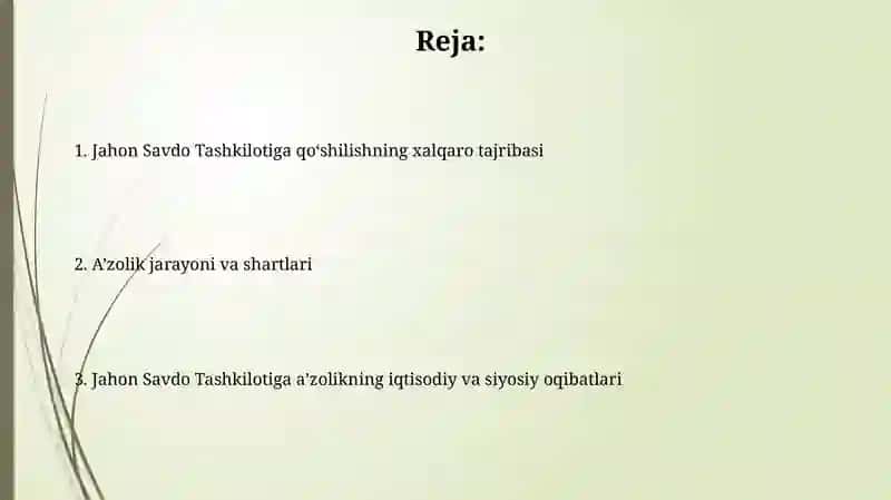 Jahon Savdo Tashkilotiga aʼzo boʻlishning xalqaro tajribasi 2