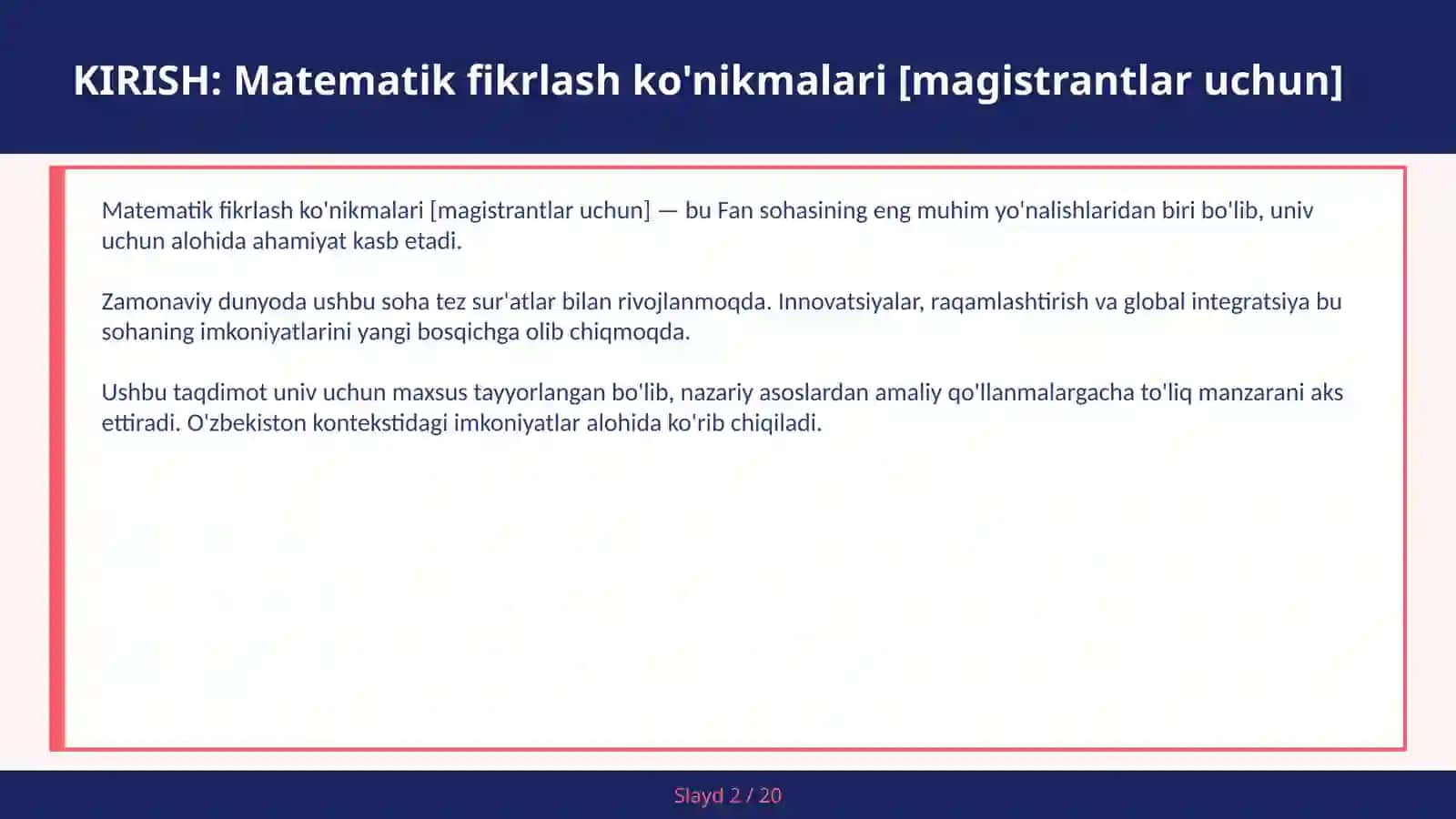 Matematik fikrlash ko'nikmalari [magistrantlar uchun] 2