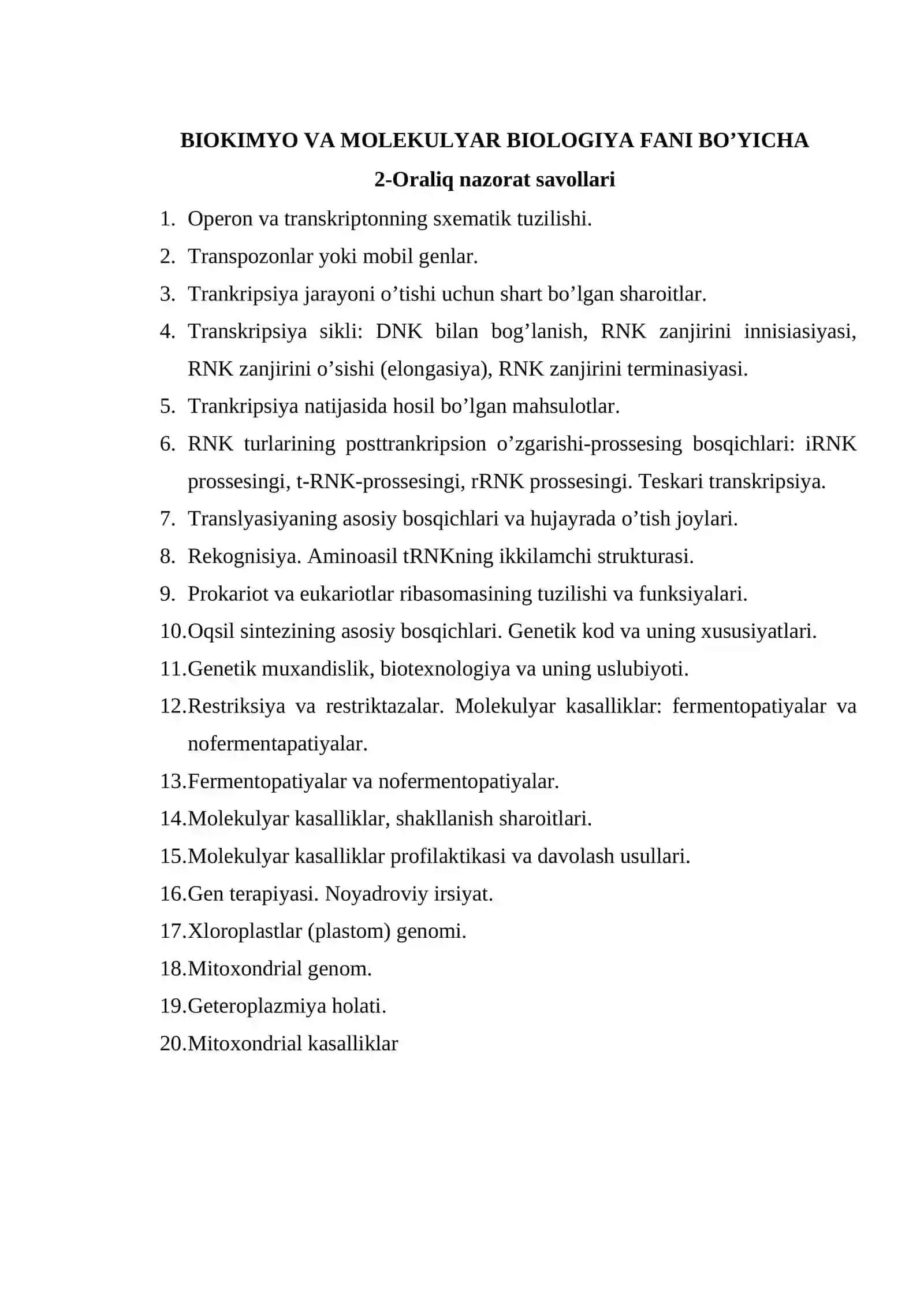 BIOKIMYO VA MOLEKULYAR BIOLOGIYA FANI BO’YICHA 2
