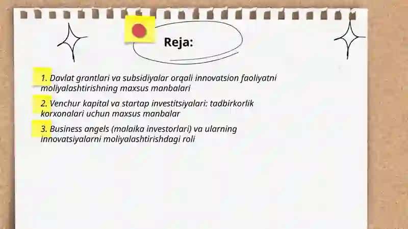 Tadbirkorlik korxonalari innovatsion faoliyatini moliyalashtirishning maxsus manbalari 2
