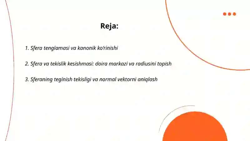 Sfera. Konussimon sirtlar. Aylanish sirtlar. Ikkinchi tartibli sirlarga doir mashqlar 2