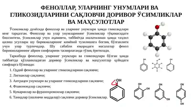 ДОРИВОР ЎСИМЛИКЛАРНИ ФЕНОЛ БИРИКМАЛАР БЎАНИҚЛАШ, АНАЛИЗ ҚИЛИШ ВА УЛАРНИНГ МАҲСУЛОТЛАРИ. 2