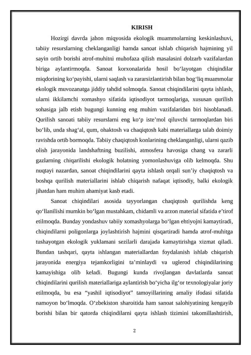 Chaqiqtoshning ekologik ahamiyati Sanoat chiqindilarini qurilish materiallariga aylantirish 2