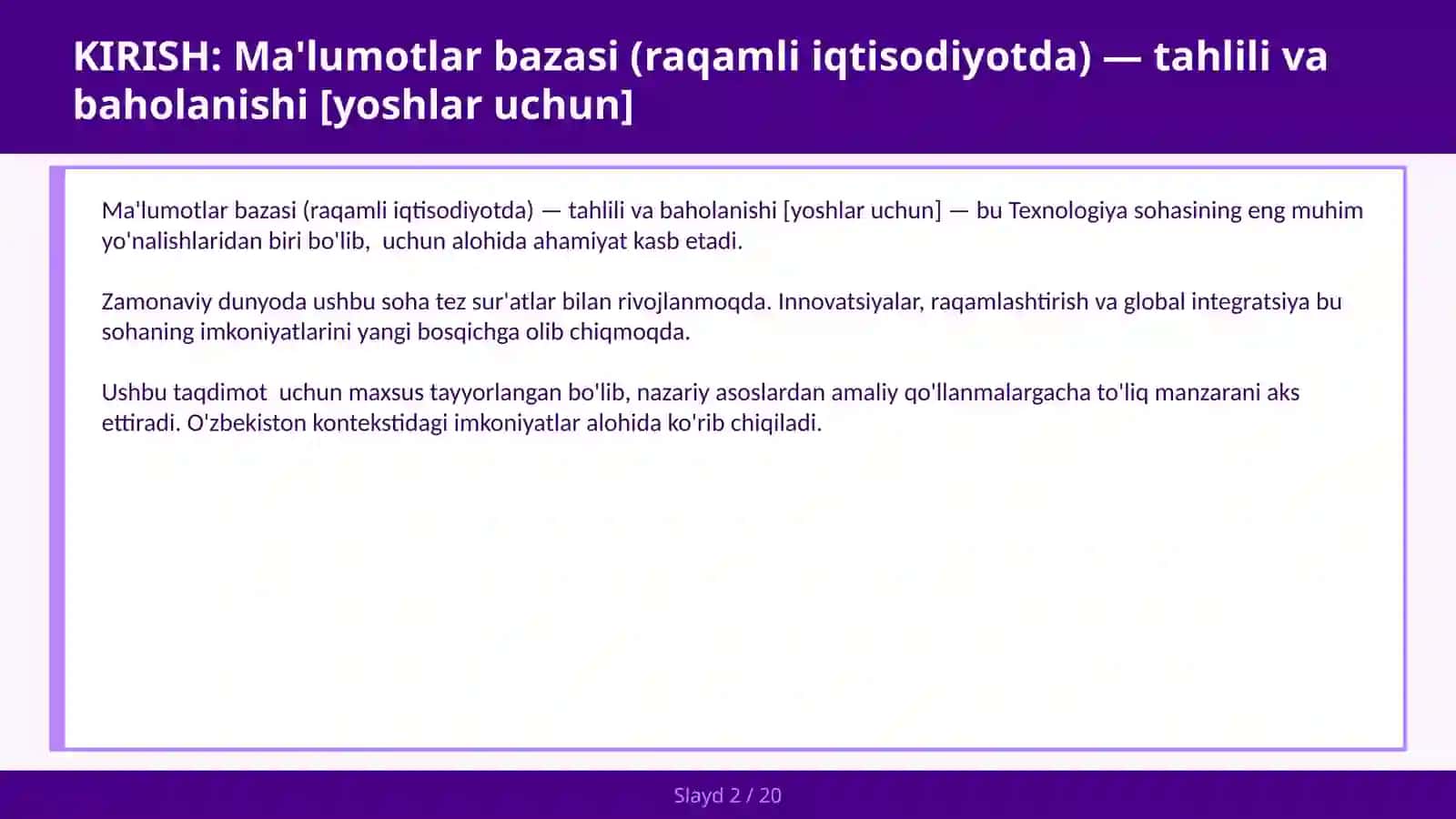Ma'lumotlar bazasi (raqamli iqtisodiyotda) — tahlili va baholanishi [yoshlar uchun] 2