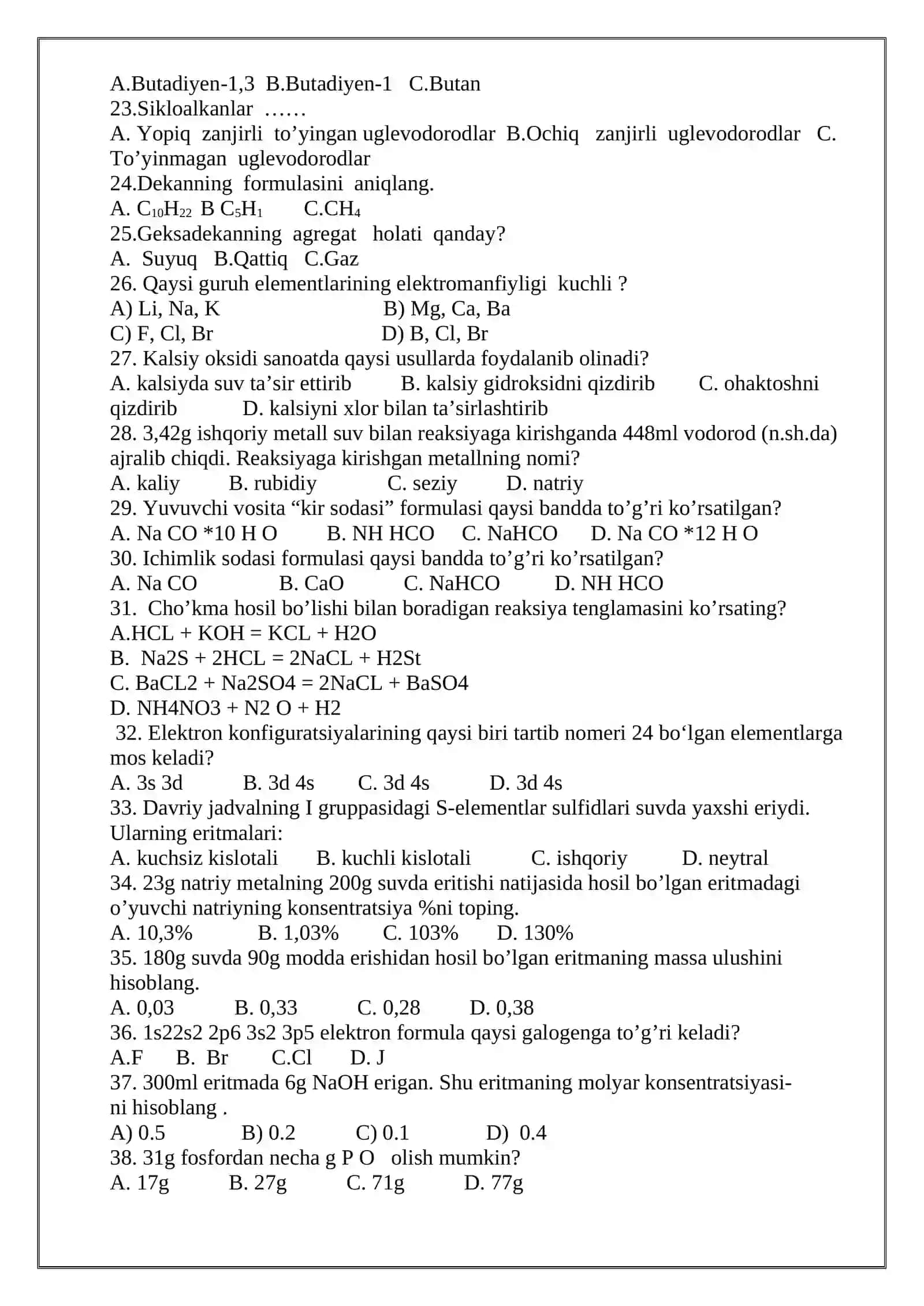 Kimyo fanidan 9-Sinf test 2