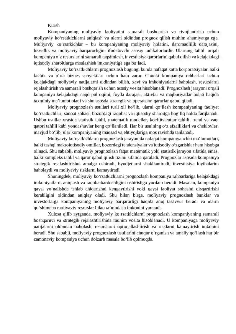 Moliyaviy ko'rsatkichlarni prognozlash usullari va ularning qo'llanilishi 2