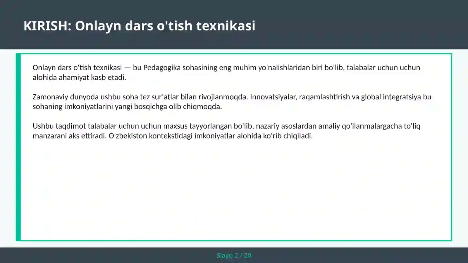 ONLAYN DARS O'TISH TEXNIKASI 2