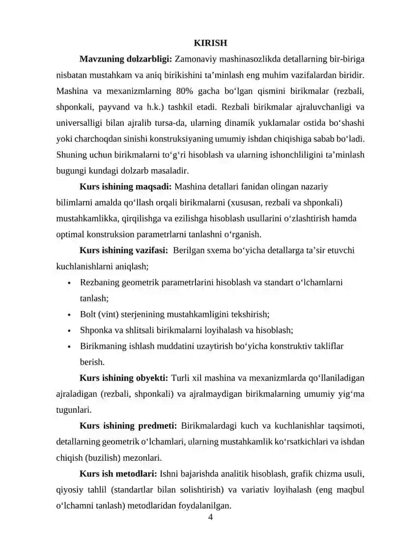 Birikmalar va rezbalar boʻyicha hisoblash tartibi 2