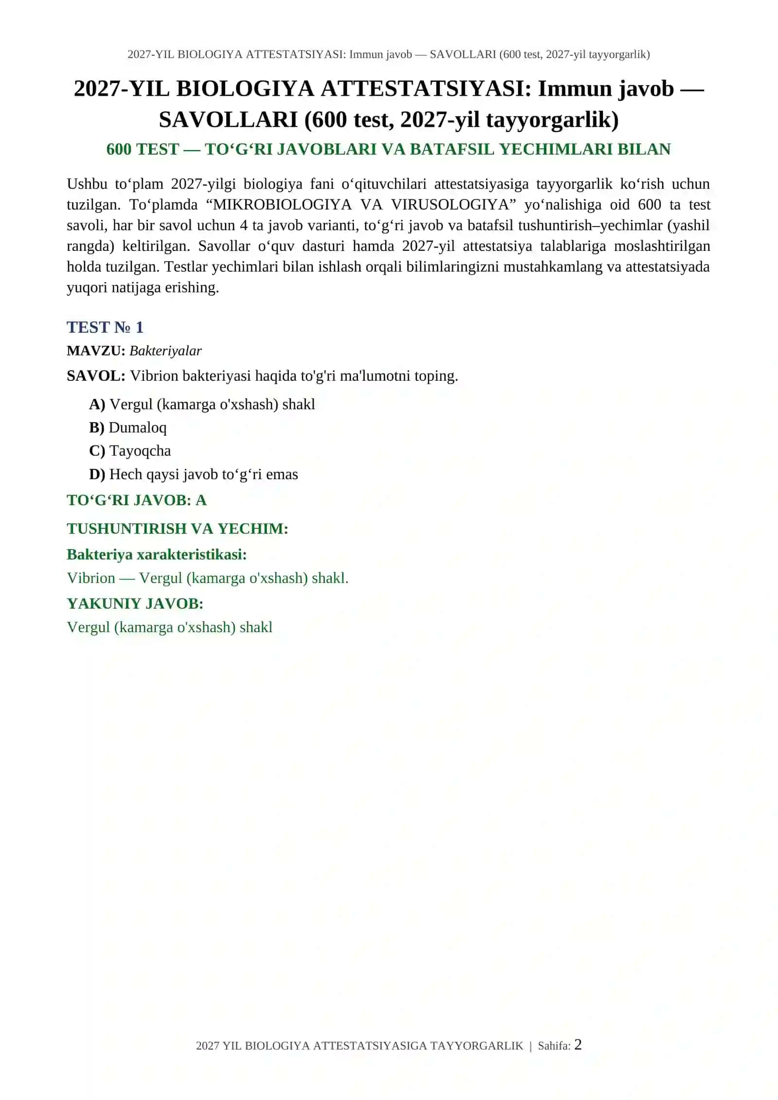 2027-YIL BIOLOGIYA ATTESTATSIYASI: Immun javob — SAVOLLARI (600 test, 2027-yil tayyorgarlik) 2