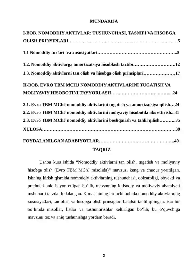 NOMODDIY AKTIVLARNI TAN OLISH TUGATILISHI VA MOLIYAVIY HISOBOTI (Evro TBM MCHJ) MISOLIDA 2