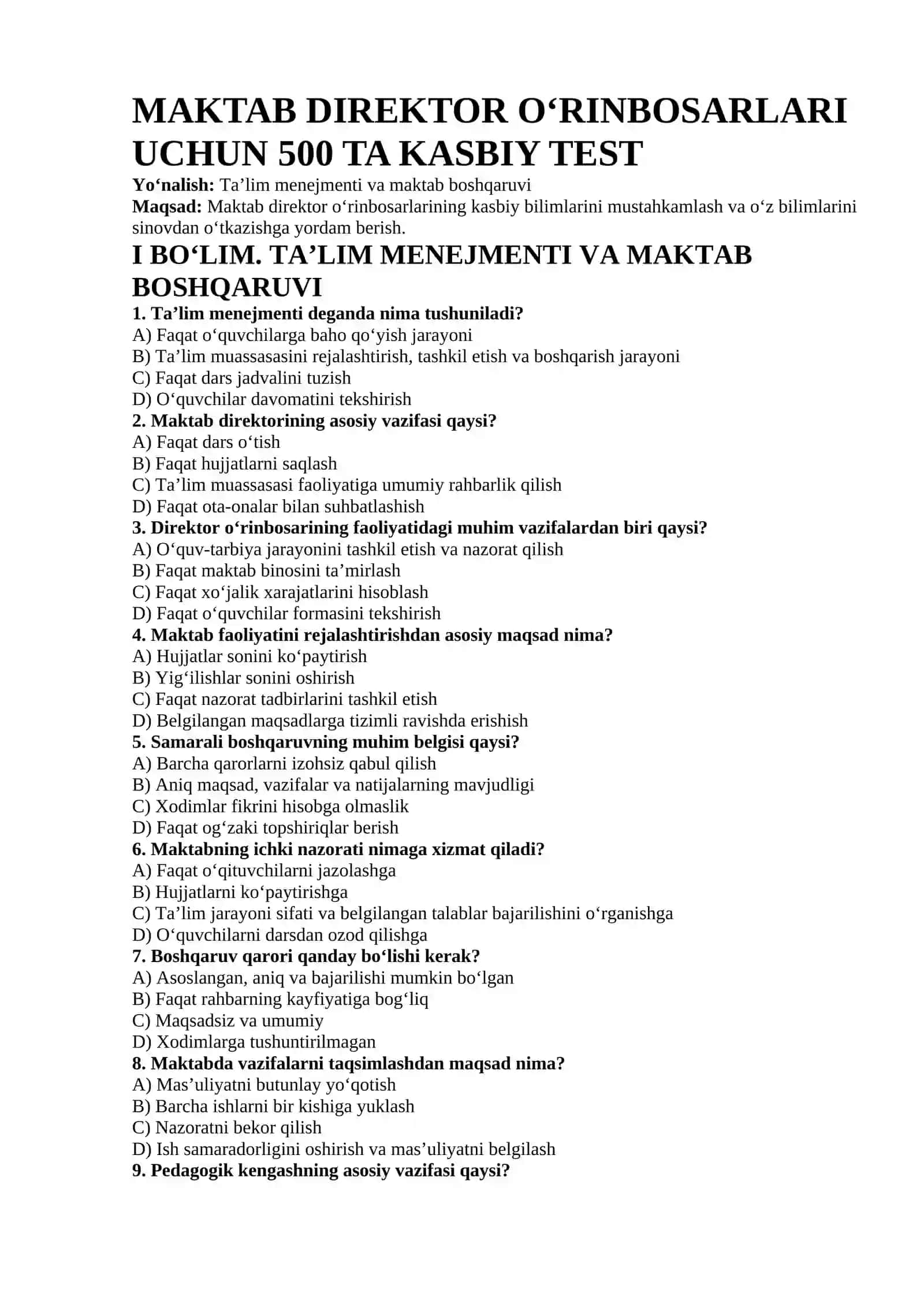 MAKTAB DIREKTOR O‘RINBOSARLARI UCHUN 500 TA KASBIY TEST 2