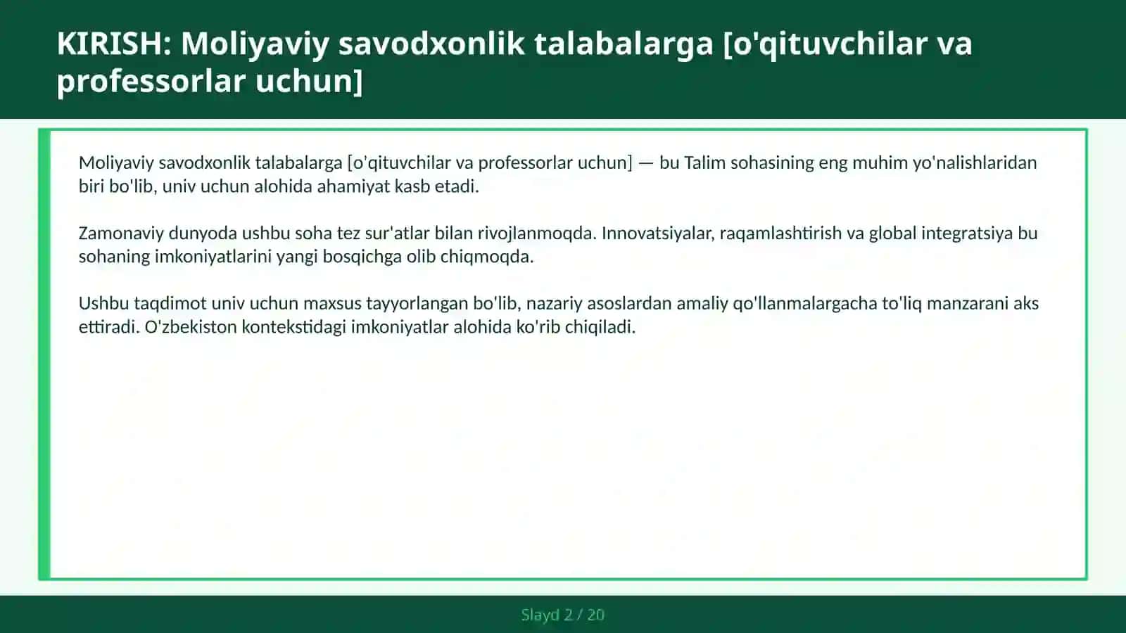 Moliyaviy savodxonlik talabalarga [o'qituvchilar va professorlar uchun] 2