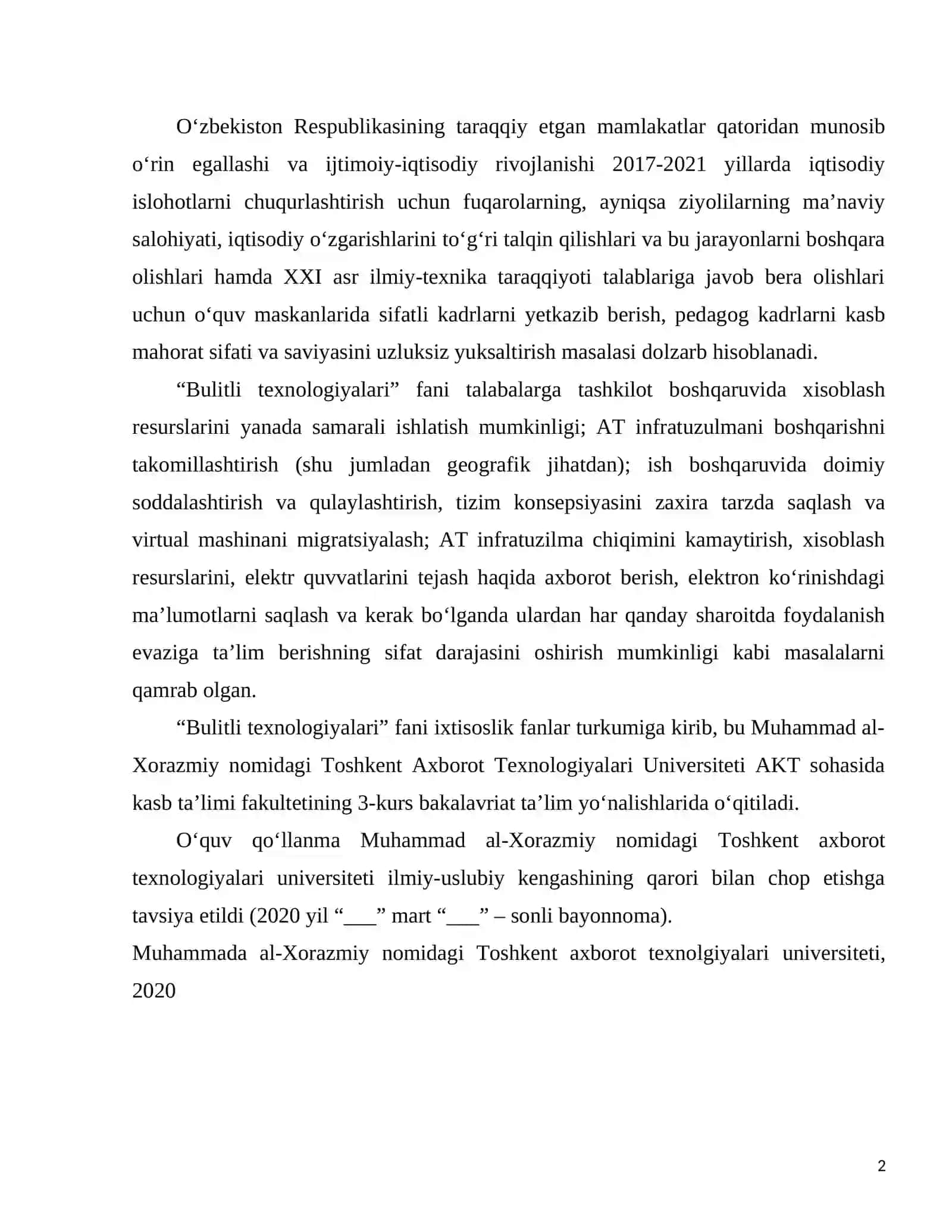 BULITLI TEXNOLOGIYALARI fanidan ma’ruza mashg‘ulotlari bo‘yicha   O‘QUV QO‘LLANMA 2