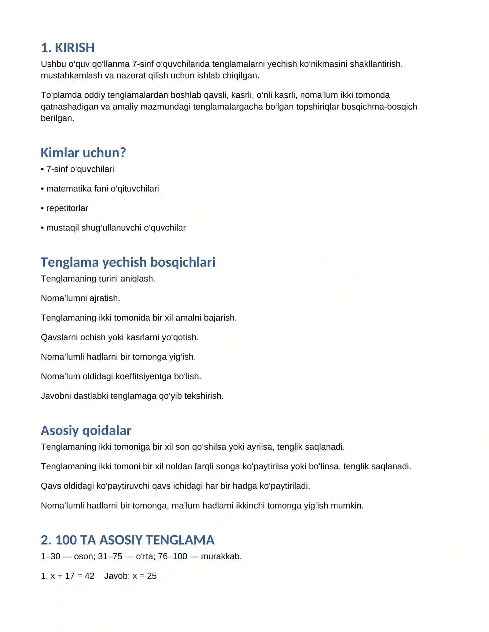7-sinf matematika — 100 ta tenglama va ularning yechimlari 2