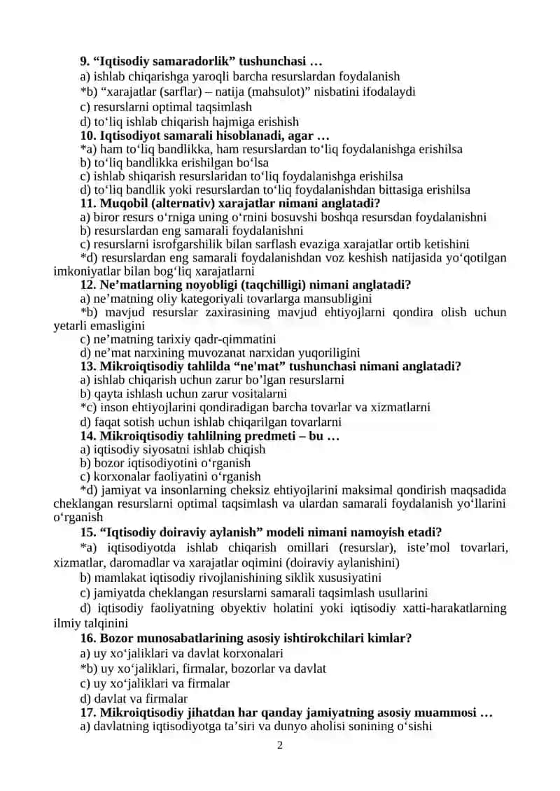 Mikroiqtisodiyot Fan Test Savollari 2
