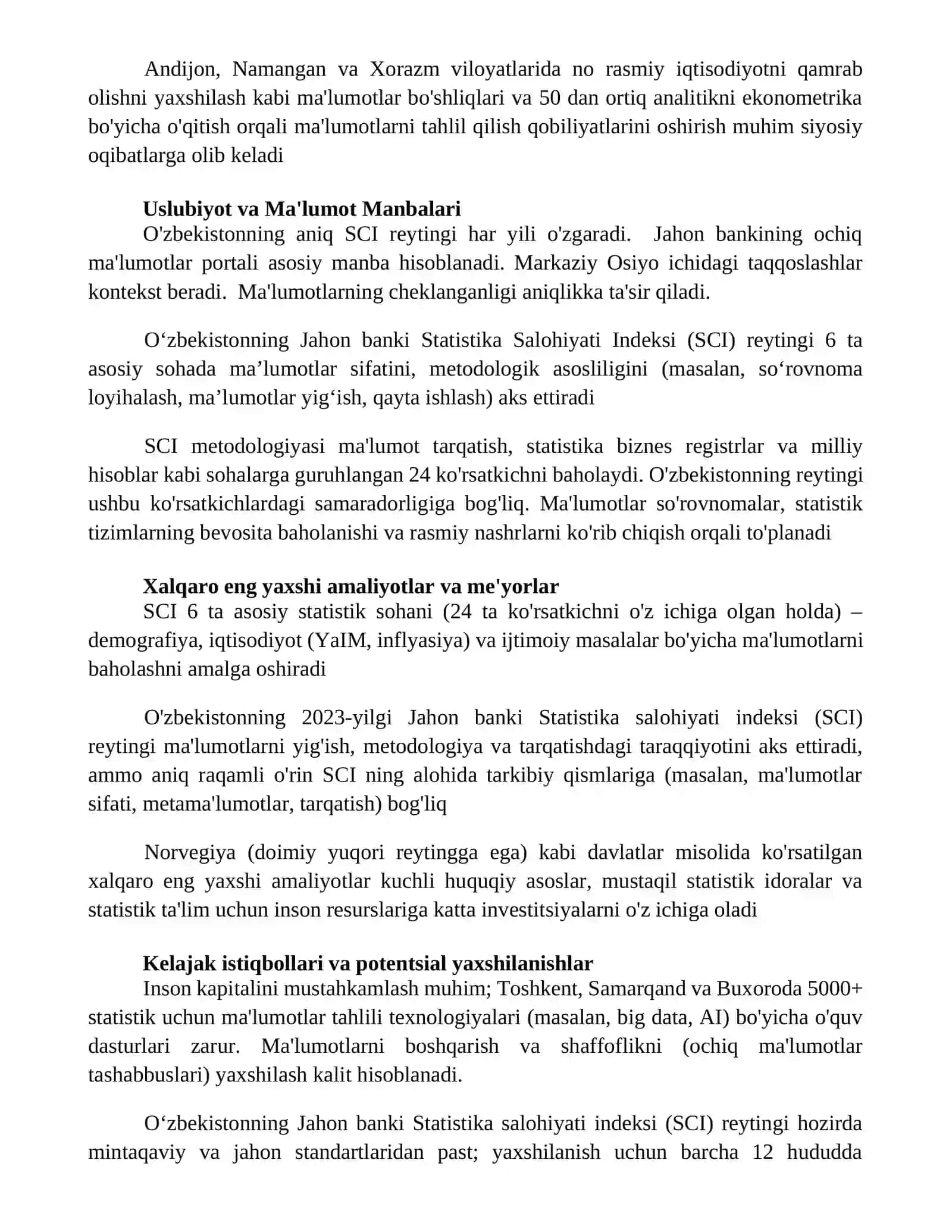 O'zbekistonning Jahon banki statistika salohiyati indeksi (SCI) reytingi ma'lumoti 2