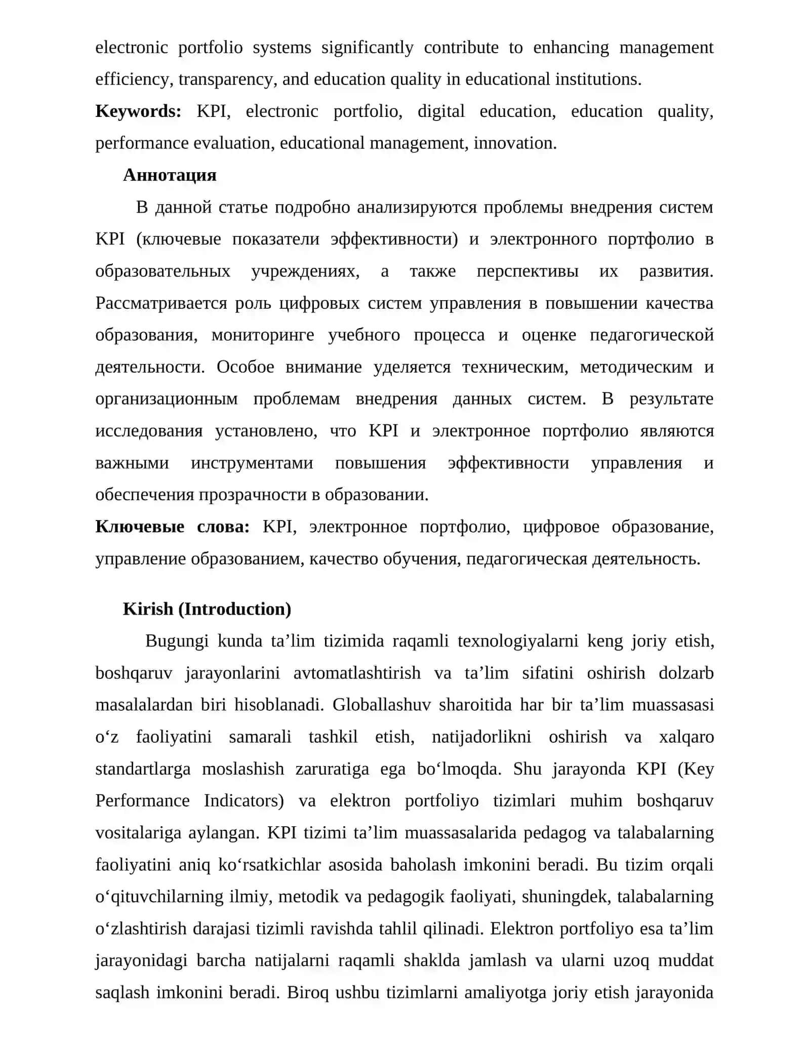 Ta’lim muassasalarida KPI va elektron portfoliya tizimlarini joriy etishdagi muammolar va rivojlantirish istiqbollari 2