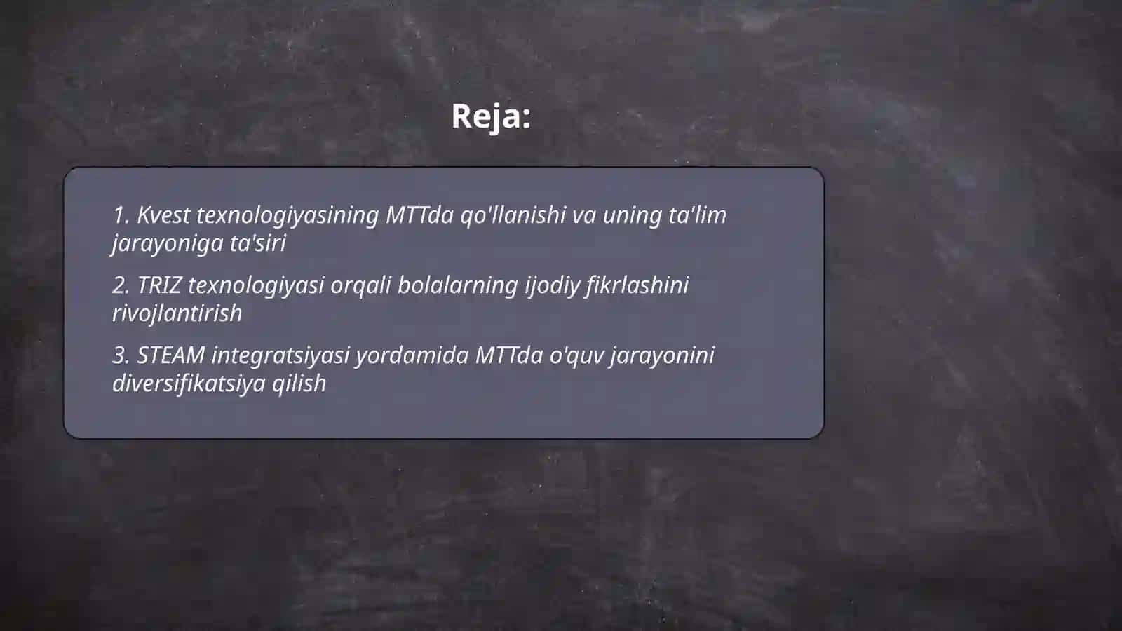 Kvest texnologiyasi, TRIZ, STEAM, art texnologiyalarini MTTda qo’llashning ahamiyati bo’yicha mini tadqiqotlar o’tkazish 2