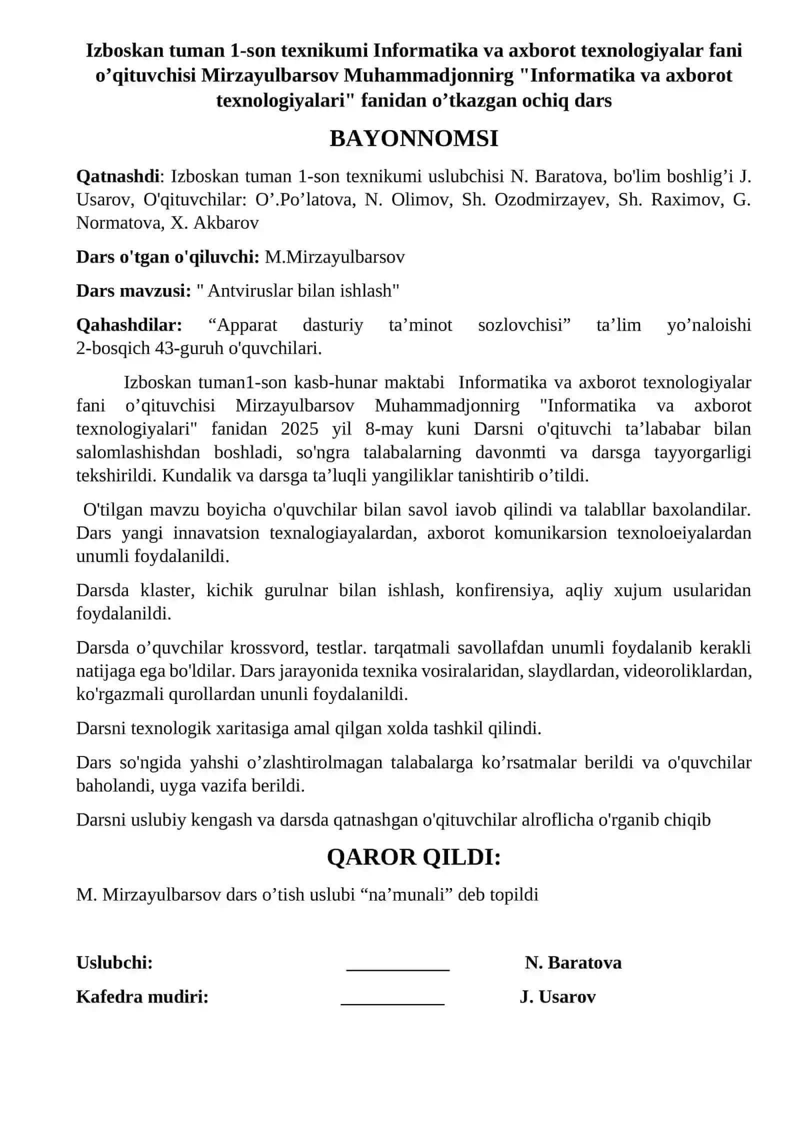 Texnikum ustozlari uchun Attestatsiyaga tayyor bayonnomalar 2