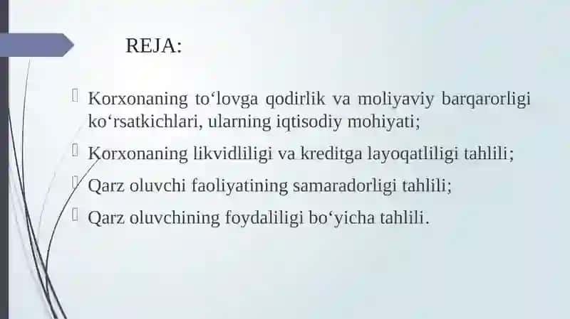 Korxonaning to‘lovga qodirlik va moliyaviy barqarorlik tahlili 2