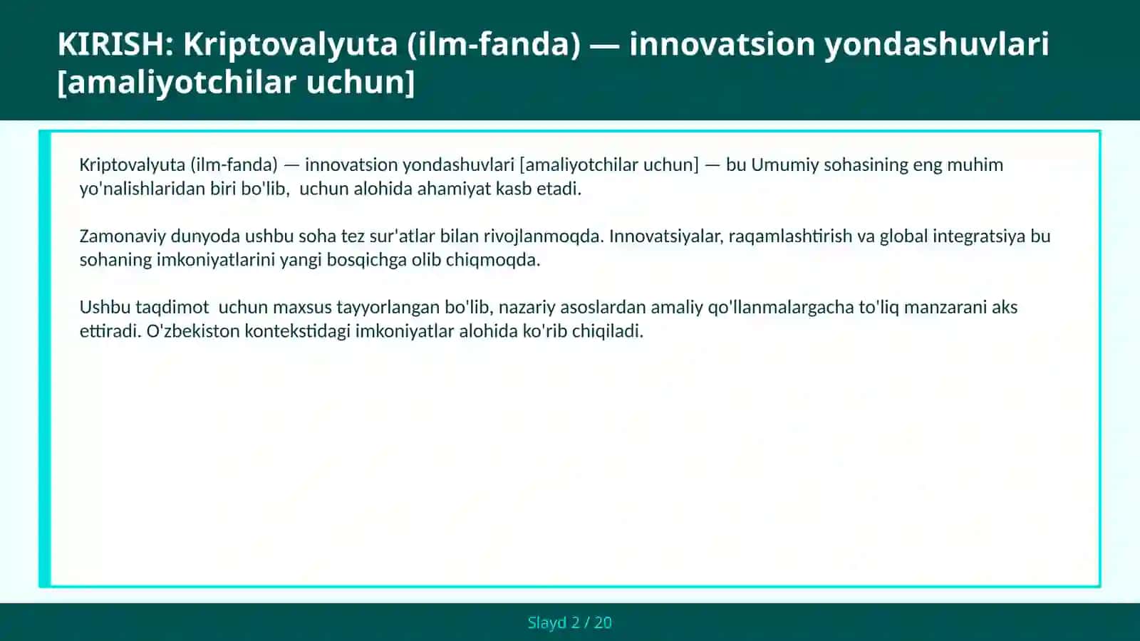 Kriptovalyuta (ilm-fanda) — innovatsion yondashuvlari [amaliyotchilar uchun] 2