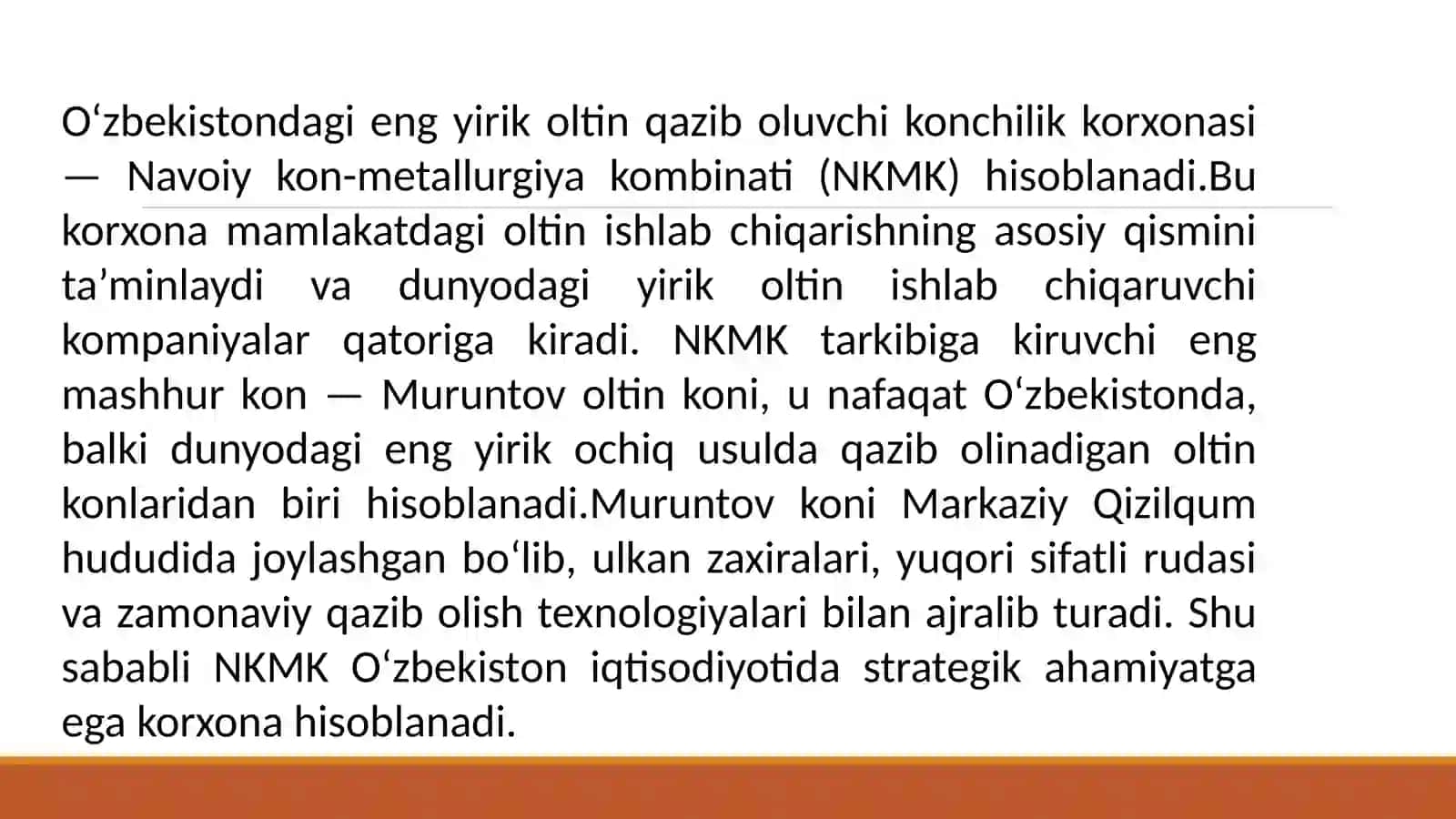 O'zbekistondagi eng yirik oltin qazib oluvchi korxona —Navoiy Kon-Metallurgiya Kombinati (NKMK) misolida konchilik sanoatini o'rganish 2