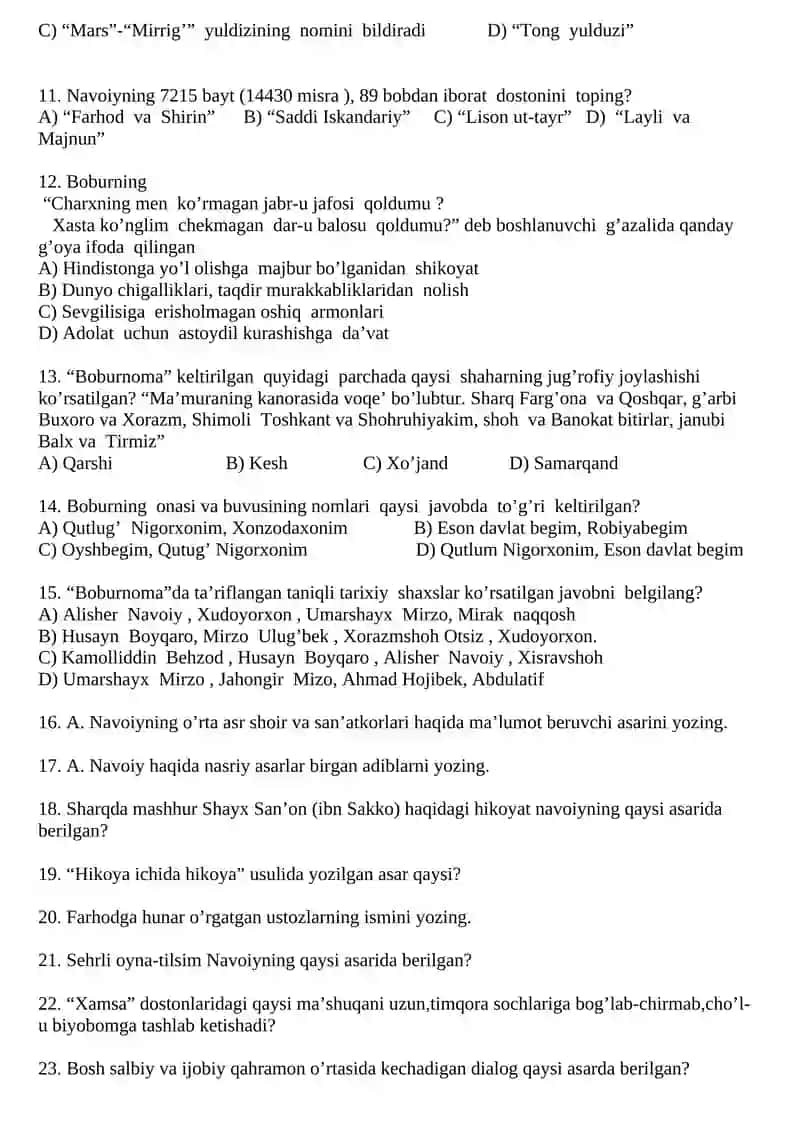 9-sinflar uchun adabiyot fanidan test savollari (IIchorak) 2