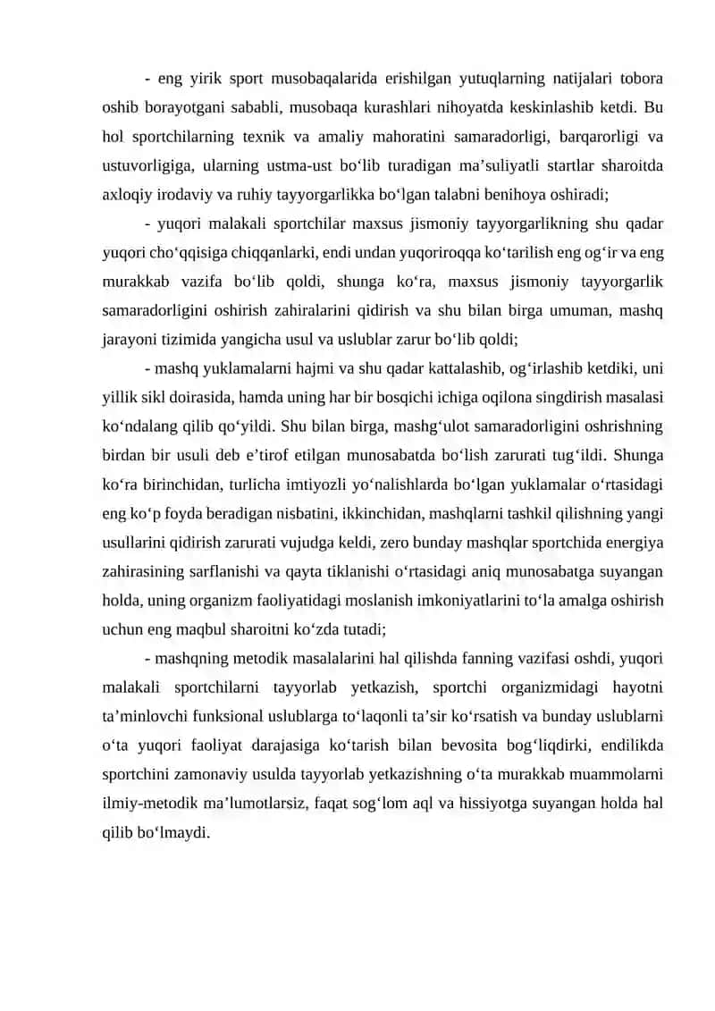 SPORT MASHGʻULOTLARI VA MUSOBAQALARGA TAYYORGARLIKNI TA’MINLASHDA OʻQUV-USLUBIY, ILMIY-METODIK VA MATERIAL-TEXNIK TA’MINOT TAVSIFI 2