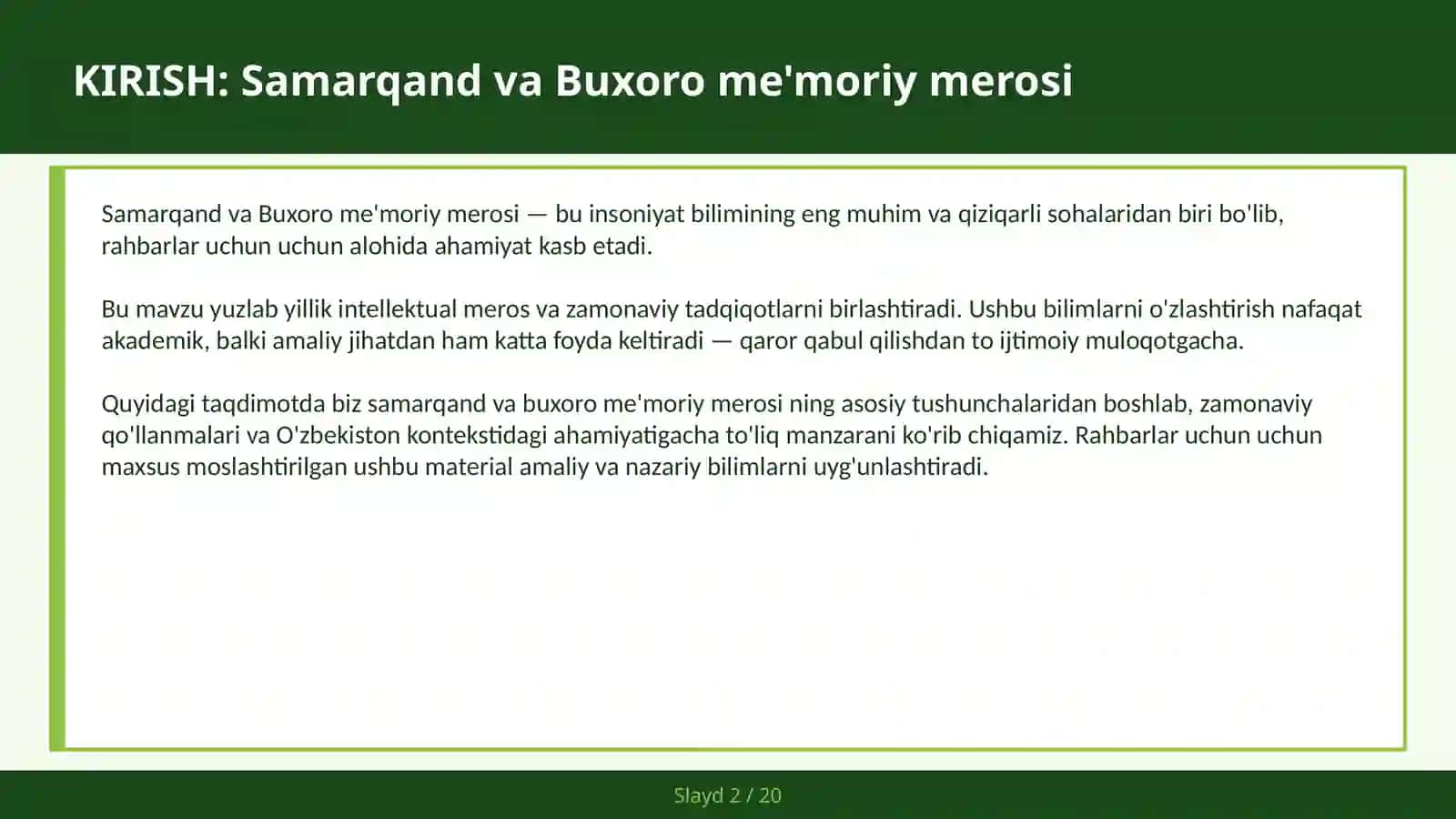 SAMARQAND VA BUXORO ME'MORIY MEROSI 2