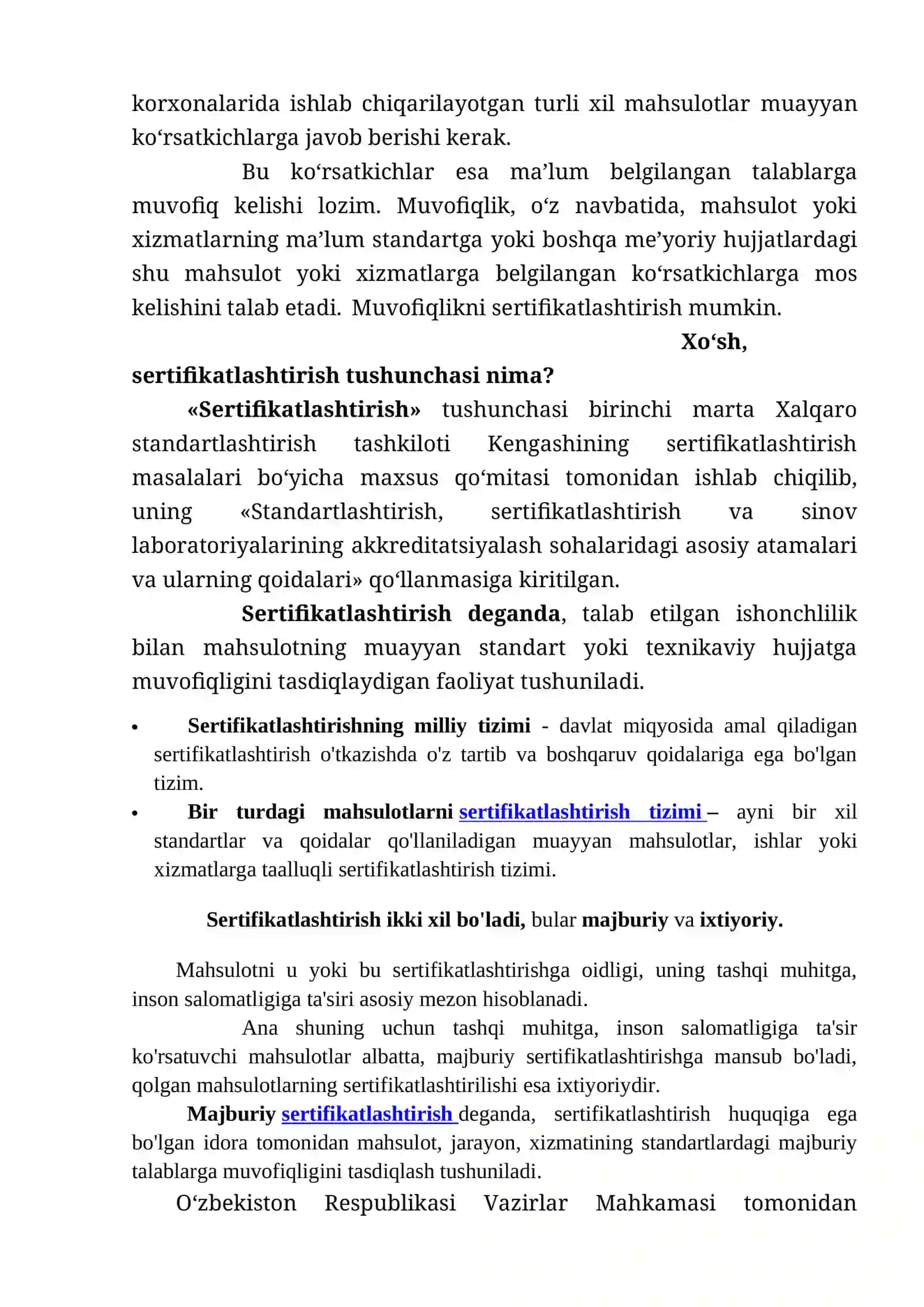 Sertifikatlashtirish tizimi, uning maqsadi va vazifasi. Sertifikatlashtirish tizimi tarkibiga kiruvchi tashkilotlar faoliyatini o’rganish 2