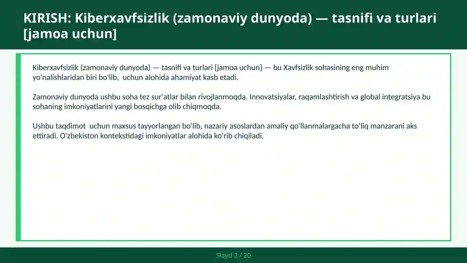 KIBERXAVFSIZLIK (ZAMONAVIY DUNYODA) — TASNIFI VA TURLARI [JAMOA UCHUN] 2