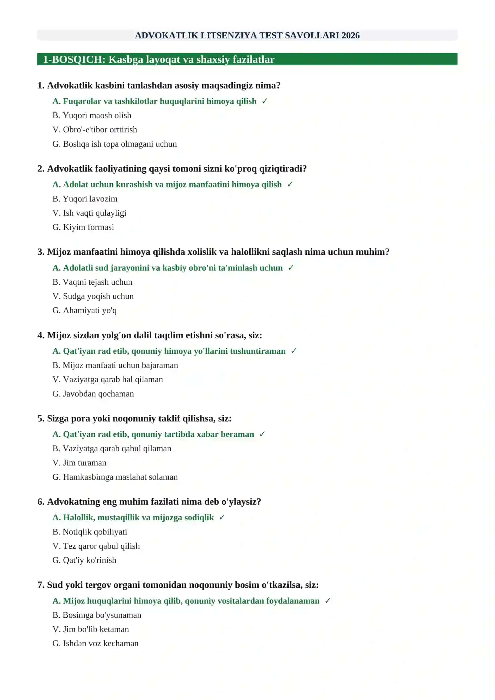ADVOKATLIK LITSENZIYASINI OLISH UCHUN TEST SAVOLLARI 2026 | 90 ta savol-javob 2