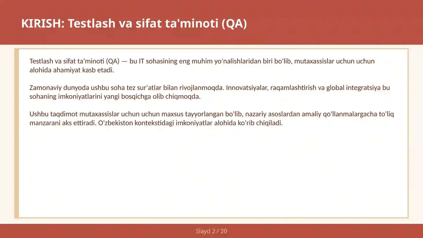 Testlash va sifat ta'minoti (QA) 2