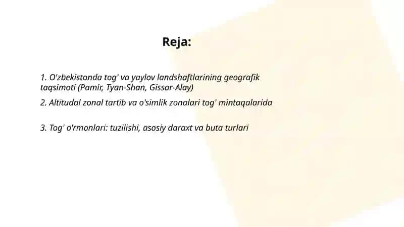 Ôzbekistonda toğ va yaylov mintaqasi landshaftlari va ularda tirik organizmlar 2