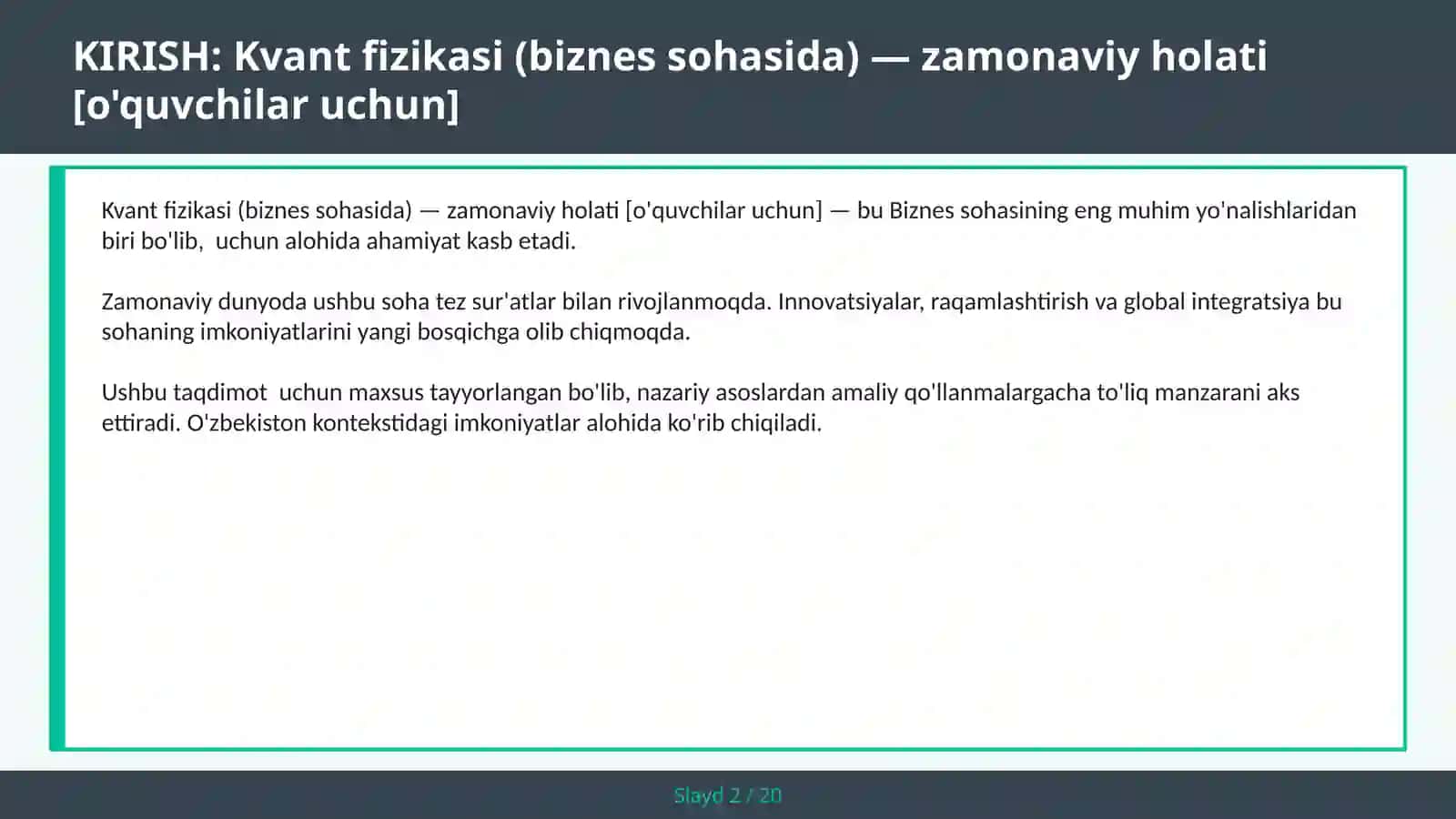 Kvant fizikasi (biznes sohasida) — zamonaviy holati [o'quvchilar uchun] 2
