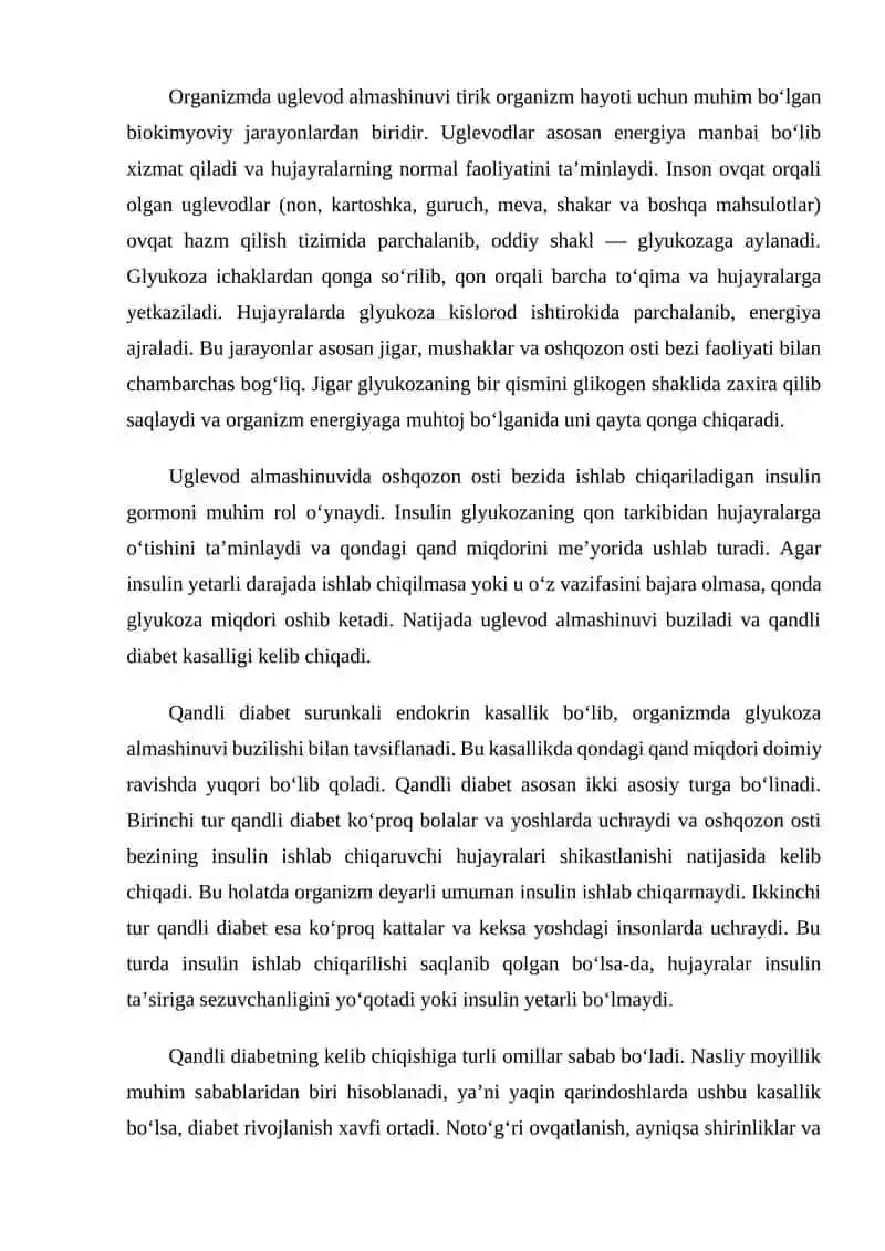 Organizmda uglevod almashinuvi,qandli diabet kasalligi va uni kelib chiqish sabablari 2