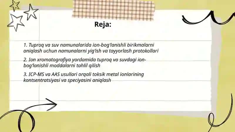 Tuproq va suvning ifloslanishida ion bogʻlanishni birikmalarni aniqlab ulardan tozalash usullarini ishlab chiqish 2