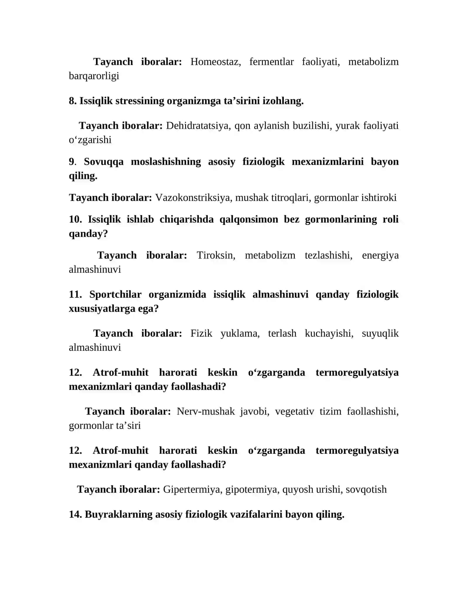 Biologiya yo`nalishi 7-semestr "Odam anatomiyasi va fizologiyasi" fanidan Yakuniy nazorat uchun savollar 2025-26 o`quv yili 2