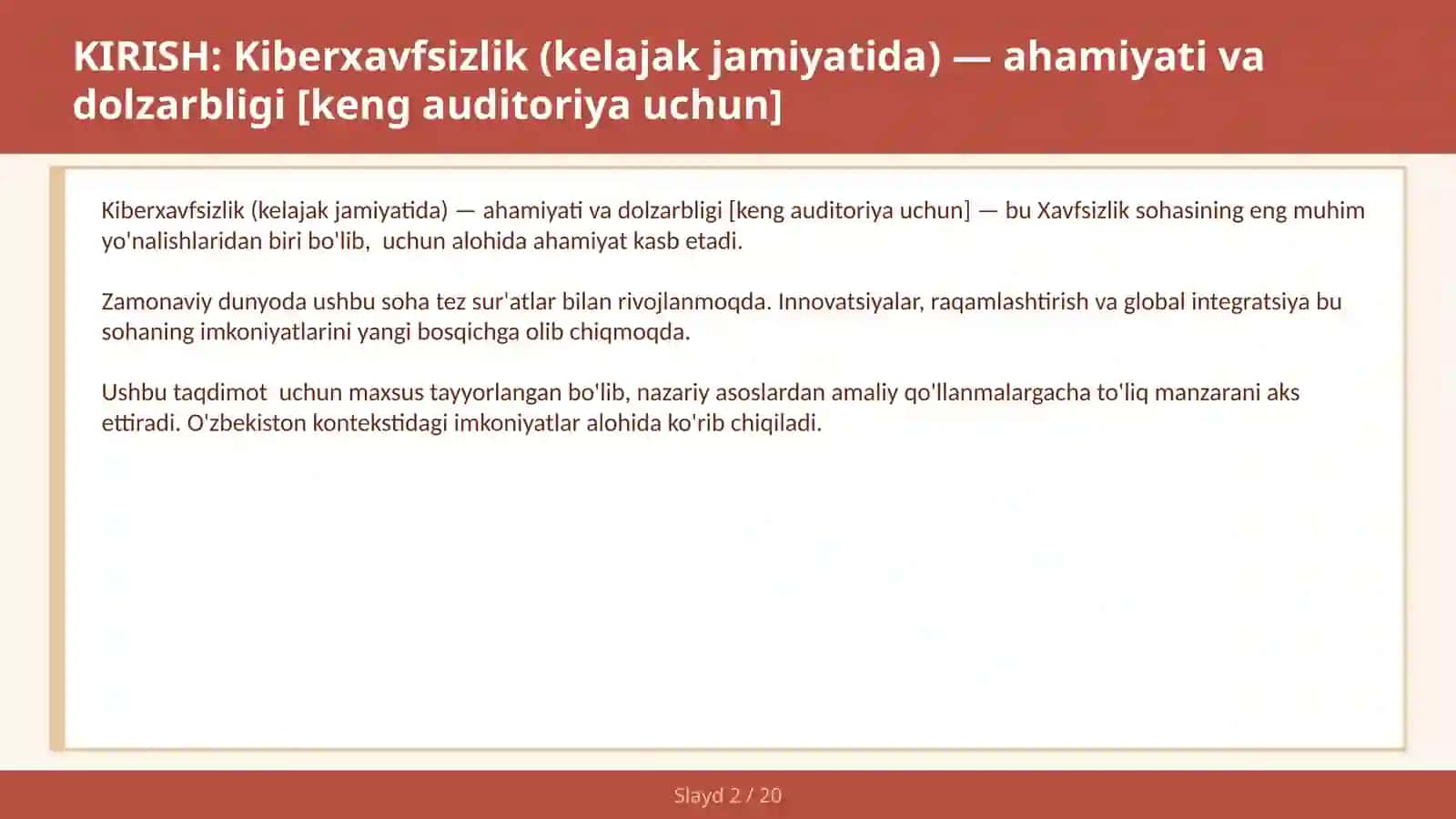 KIBERXAVFSIZLIK (KELAJAK JAMIYATIDA) — AHAMIYATI VA DOLZARBLIGI [KENG AUDITORIYA UCHUN] 2